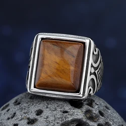 Middle East 2024 New Stainless Steel Tiger Eye Stone Ring With Pattern Anels For Man Women Fashion Couple Jewelry