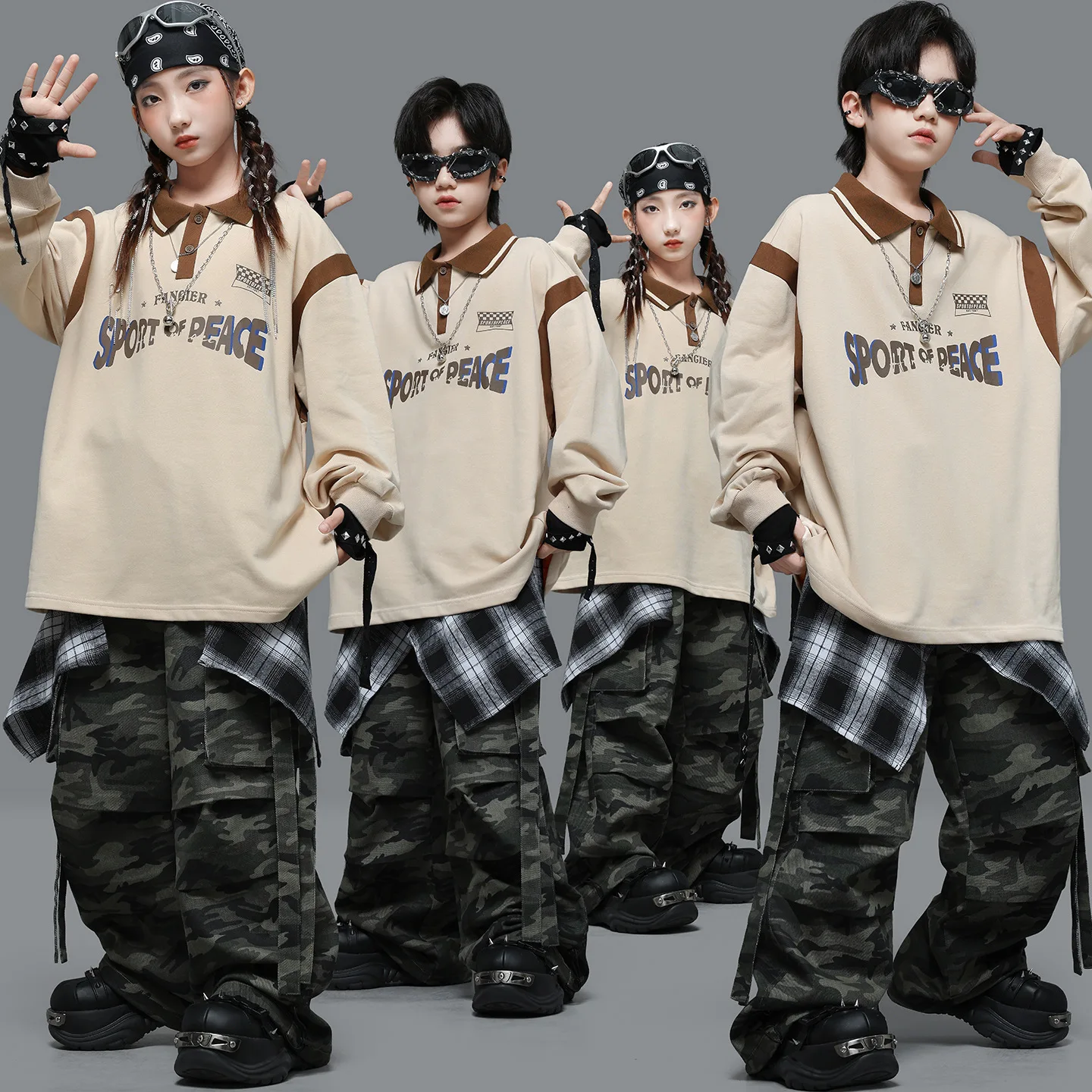 

Kid Kpop Hip Hop Clothing Beige Polo Neck Sweatshirt Top Street Strap Parachute Cargo Pants for Girl Boy Dance Costumes Clothes