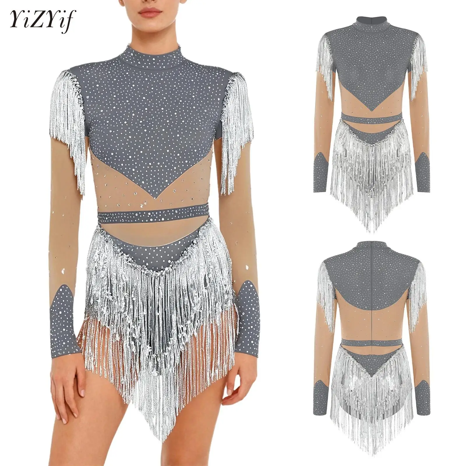 

Womens Figure Skating Fringed Dance Leotard Glittery Rhinestones Tassel Jersey Ballet Bodysuit for Tango Samba Latin Jazz Stage