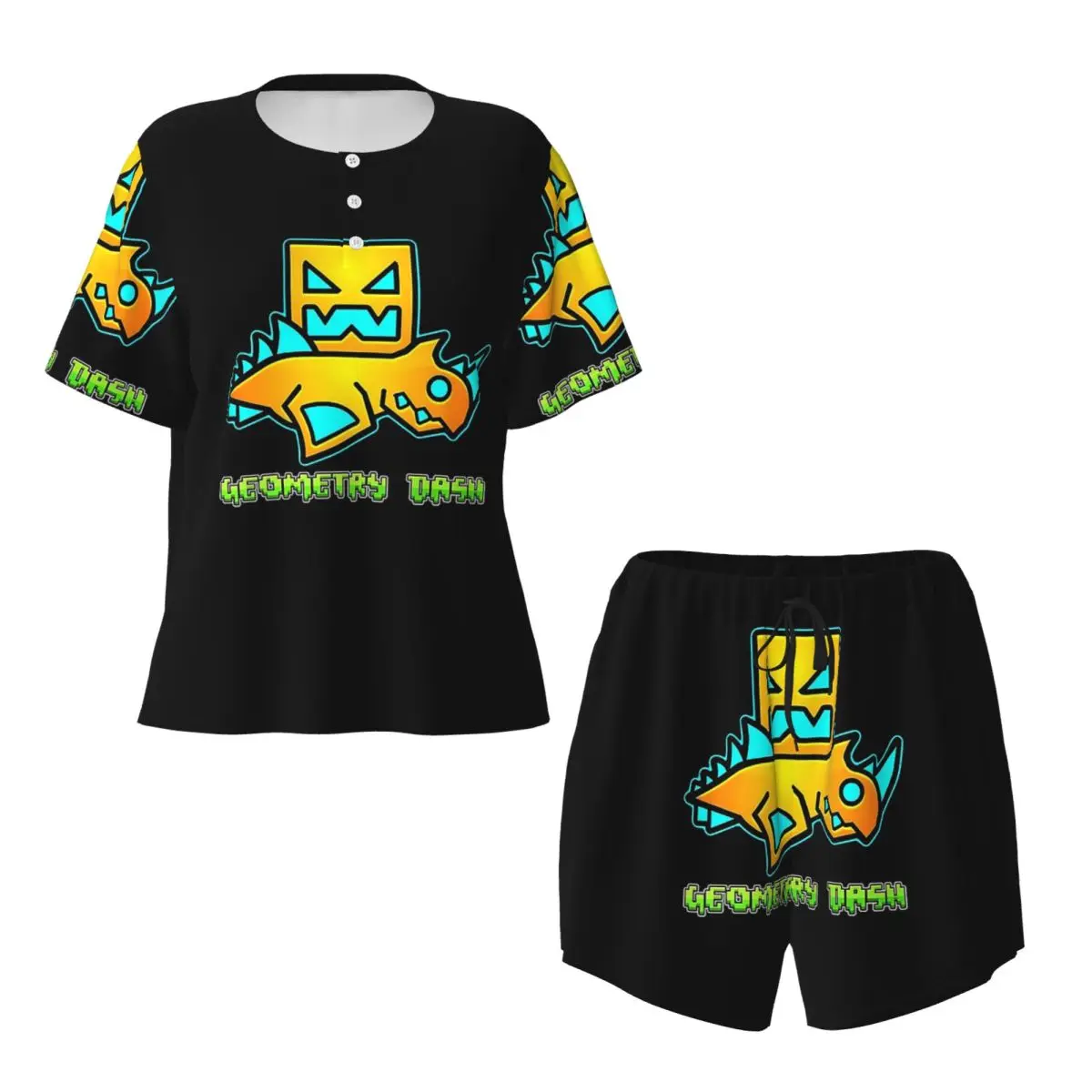 Video Game Geometry Dash Round Neck Short Sleeve Nightgowns for Sleeping Sleepshirts Women Loose Pajama Set Short Pants