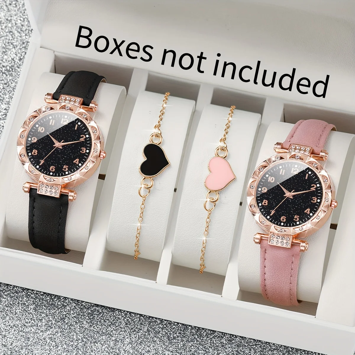 Chic Women\'S Quartz Watch & Heart Bracelet Set - 4Pc Fashion Rhinestone Dial, Pu Leather Strap Combo (Watch Box Not Included)