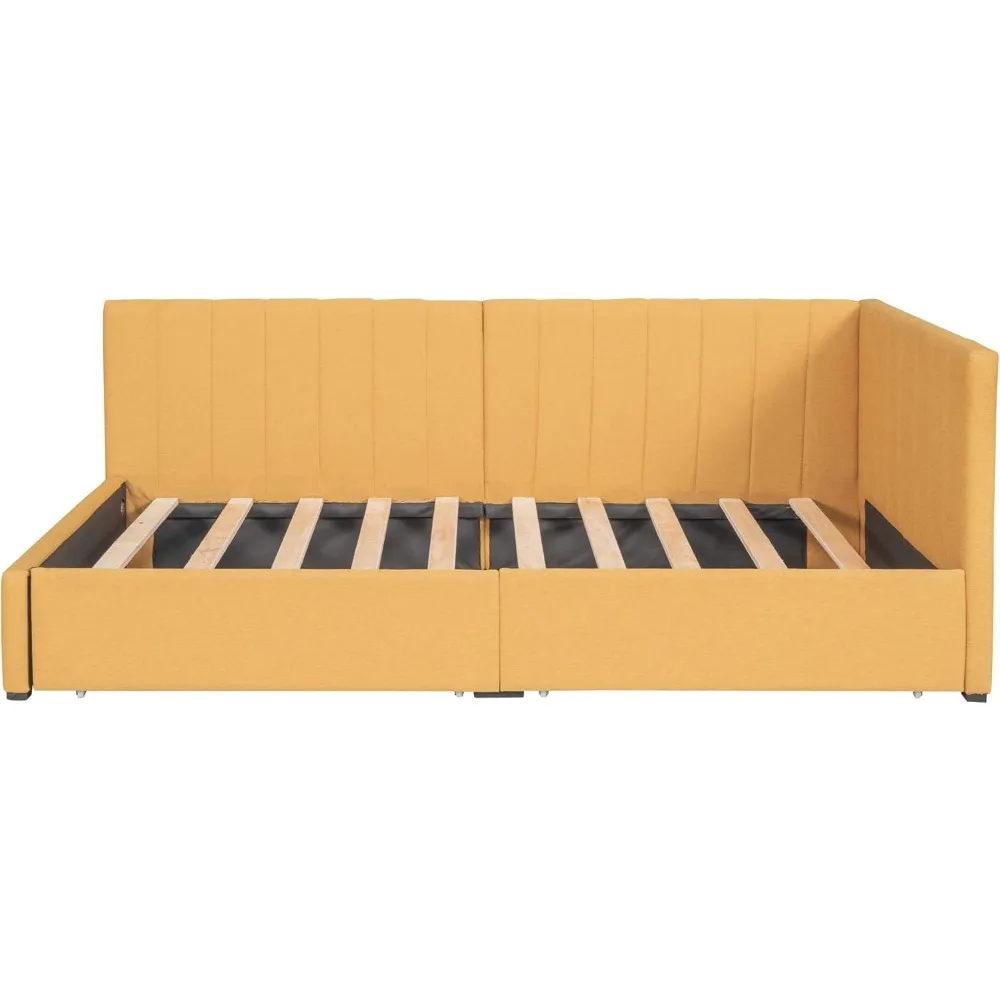 Espreguiçadeira de tamanho duplo, sofá-cama duplo estofado com 2 gavetas de armazenamento, estrutura de sofá-cama de tamanho duplo de tecido de linho, sem necessidade de molas