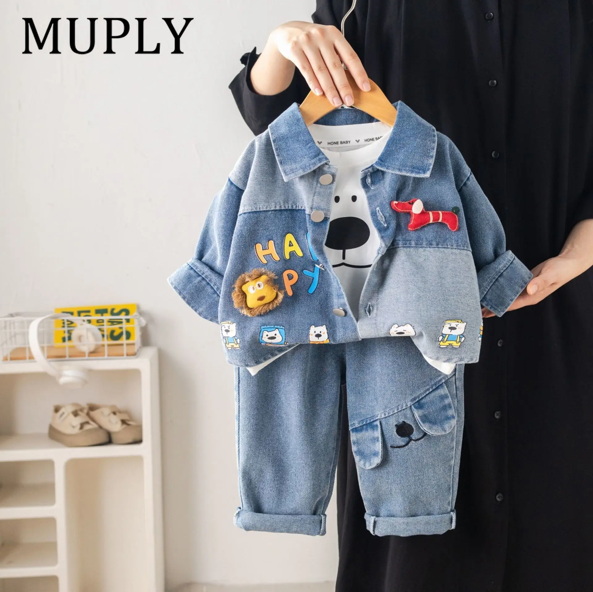 Children's Clothing Boys Spring Autumn Outfit 2026 Cute Cartoon Denim Coat + White T-shirts + Pants Three Piece Set Kids Clothes