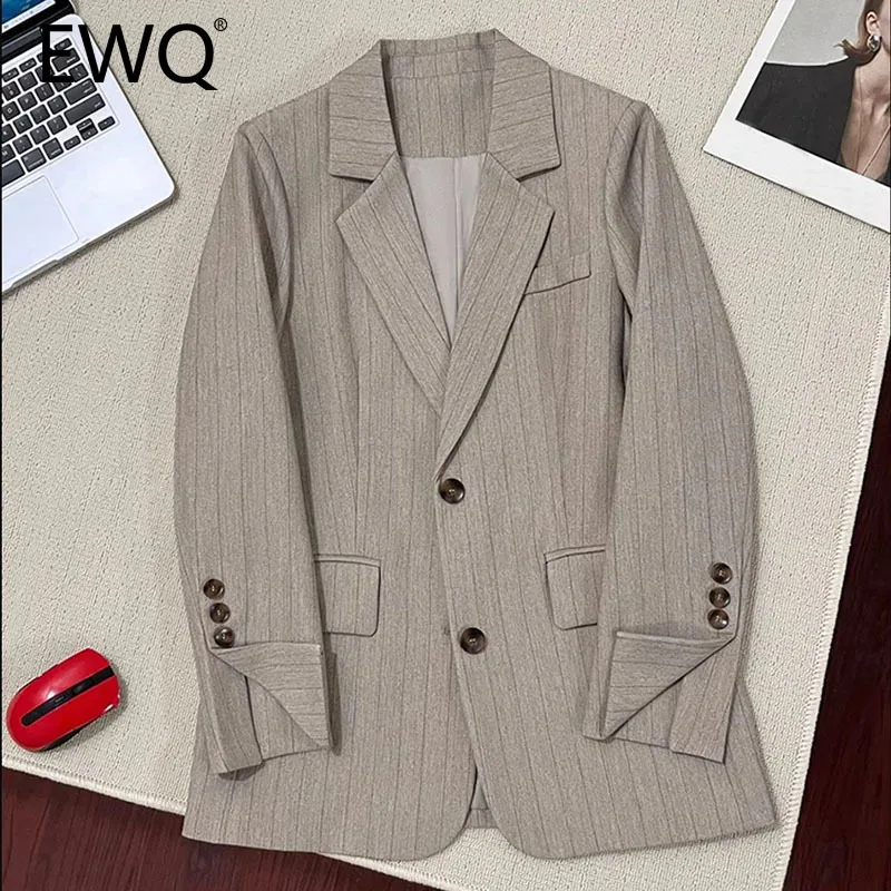 

EWQ Fashion Striped Blazer Women Office Lady Loose Notched Single Breasted Long Sleeve Simpliity Coat Clothing 2024 Autumn New