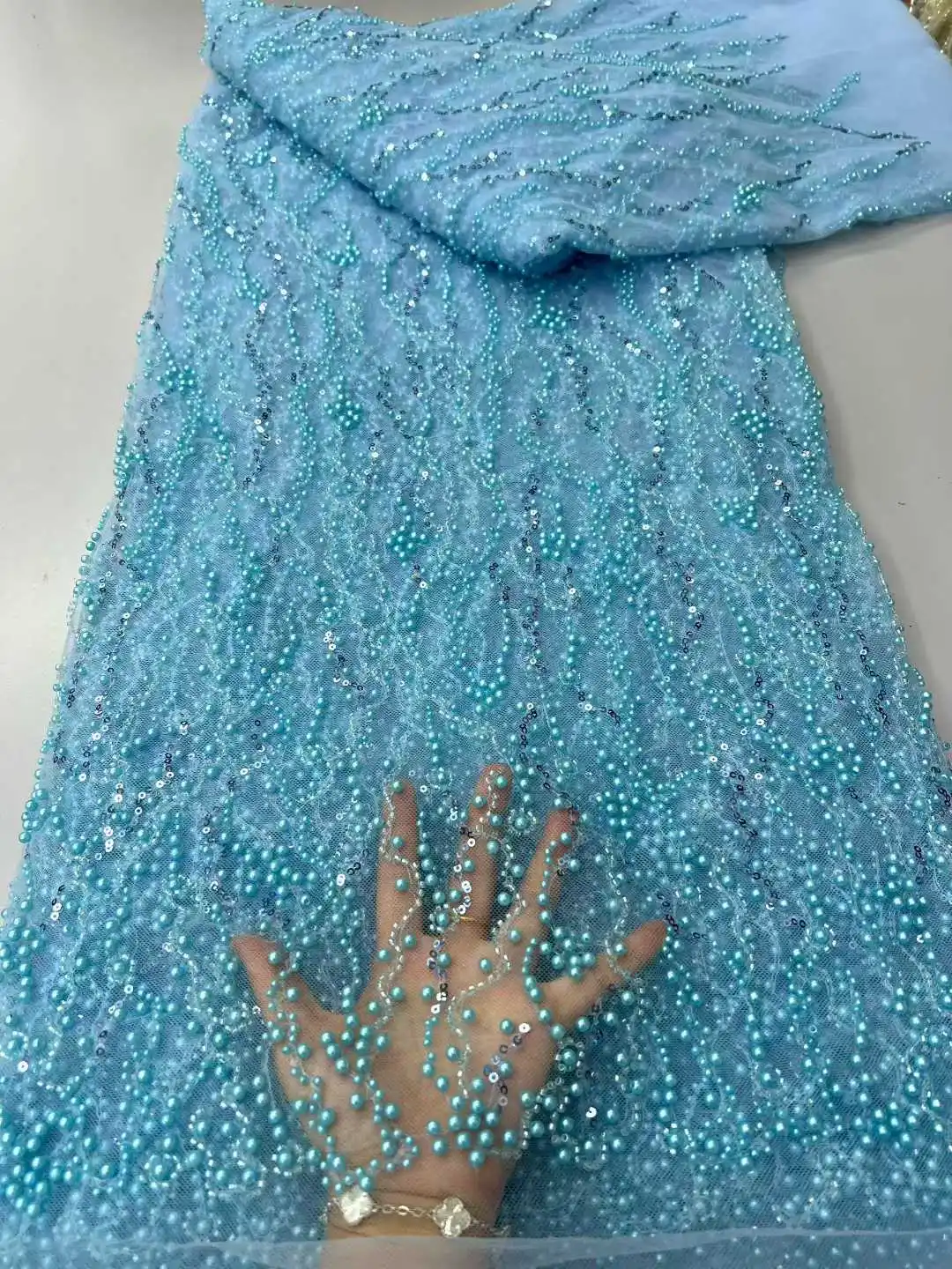 

New 2025 Hot Sale Tulle Lace Fabric With Beads Sequins New African Nigerian French for High End Wedding Party Bride Sewing Dress