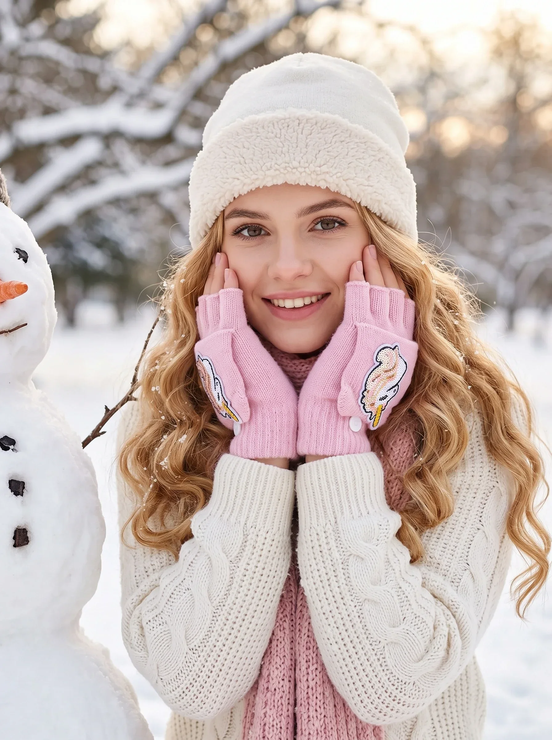 1Pair Women Unicorn Flip Knit Gloves, Winter Half Finger Convertible Warm Knitted Five Finger Gloves for Daily Outfit