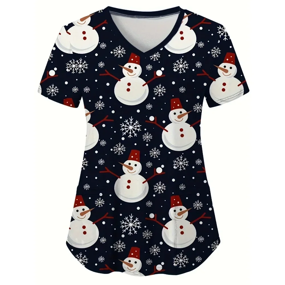 

Nurse Uniform Fashion Women's Christmas Snowman Printed Short Sleeve V-neck Santa Claus Work Uniform Medical Work Uniform