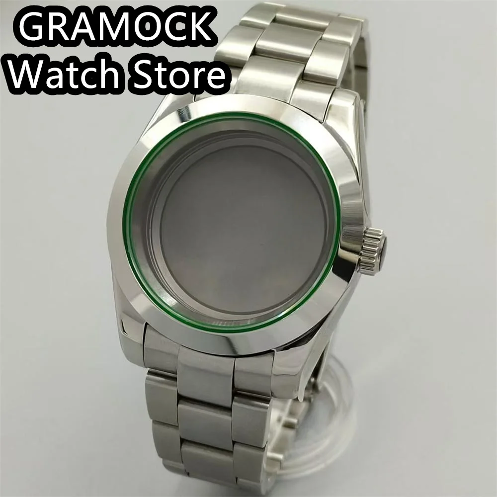 GRAMOCK 36mm/40mm Silver Polished Watch Case Green Edge Sapphire Glass Fit NH34 NH35 NH36 ETA2824 PT5000 movement