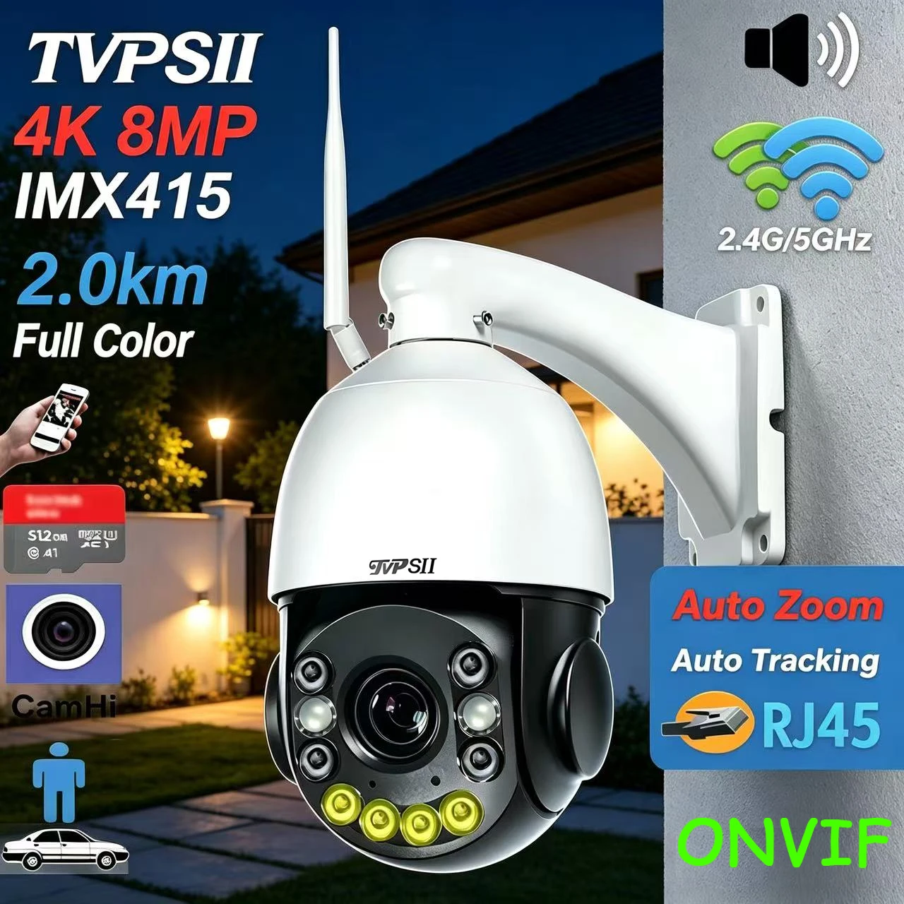 Metal Full Color Auto Tracking CamHi 8MP 4K 54X Optical Zoom Audio 355° 2.4GHz 5.0GHz WIFI RJ45 PTZ Speed Dome IP Camera