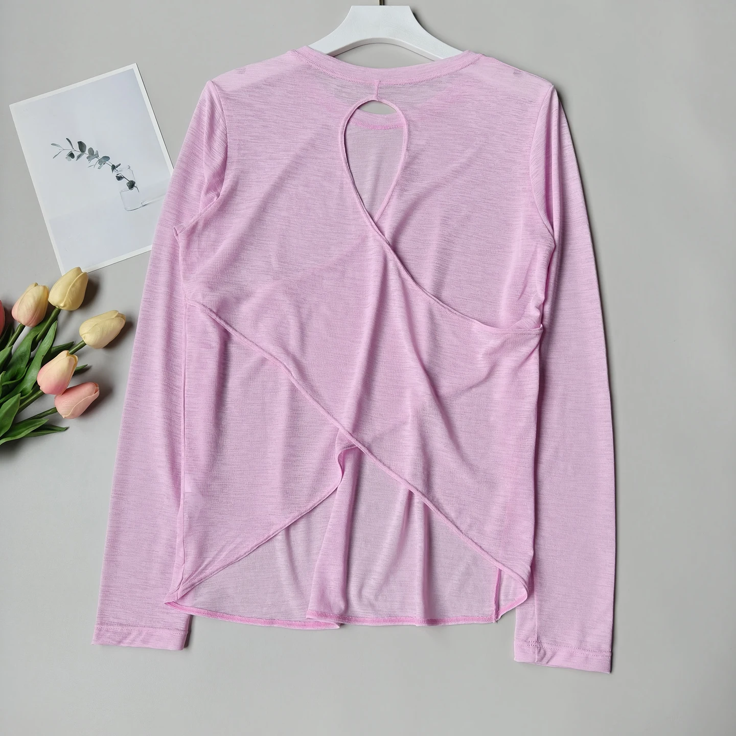 Women Backless Loose Yoga T-shirts Summer Round Collar Long Sleeve Fitness Breathable Sporty Yoga Tshirt Tops Female Sportswear image 4
