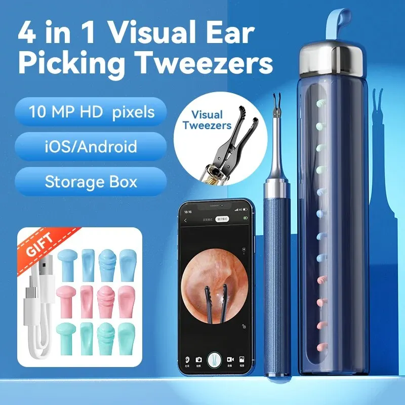 Ear Cleaner Tweezer with Camera Ear Wax Removal Otoscop with Light 3.2mm Silicone Ear Spoon Ear Cleaner Visible Tweezer Cleaning