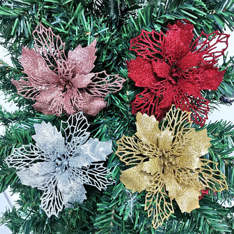 

(5pcs/pack) 15cm Artificial Christmas Tree Flower Glitter Decorations Xmas Ornaments New Year Gift Wedding Party Decor