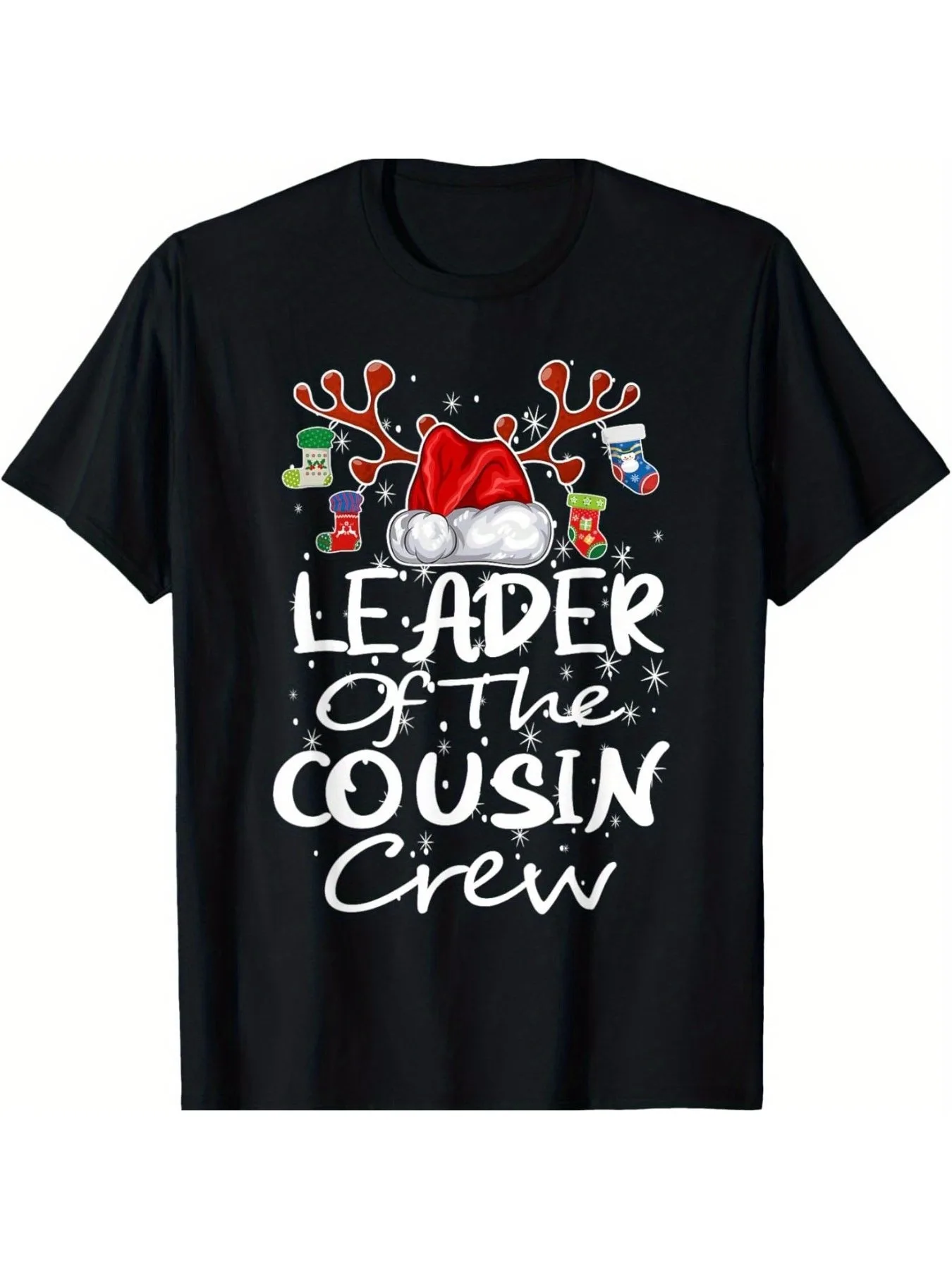 [Fast Arrival] Leader Of The Cousin Crew Reindeer Hat Xmas Adults Christmas T-Shirt for Men Women, Unsex Soft Fabric, Breathable, Comfortable Black Short Sleeve Tees Perfect for Autumn, Must-have Fashionable Tee