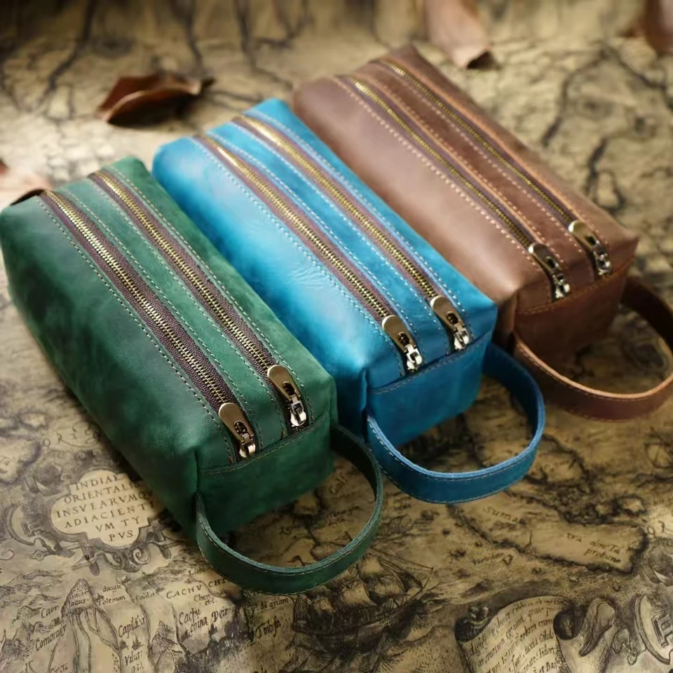 Pencil Bag Double Layer Zipper Large Capacity Handmade Cowhide Pencil Case Multifunctional Storage Bag Student Stationery Bag