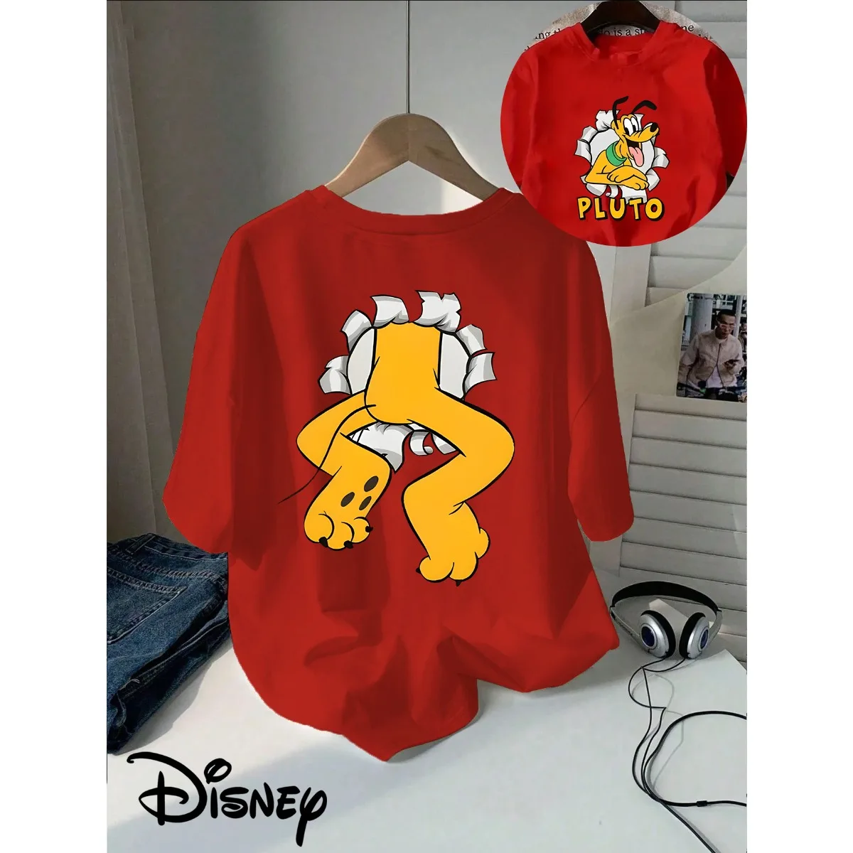 T-shirt da donna Disney con motivo Plutone, stampa fronte-retro, girocollo, design classico dei cartoni animati, abbigliamento casual autunno/inverno