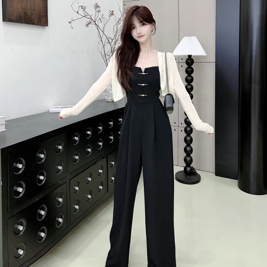 Black Jumpsuits Women Simple High Waist Straight Wide Leg Korean Style Elegant Office Ladies Temperament Commuting Summer OL