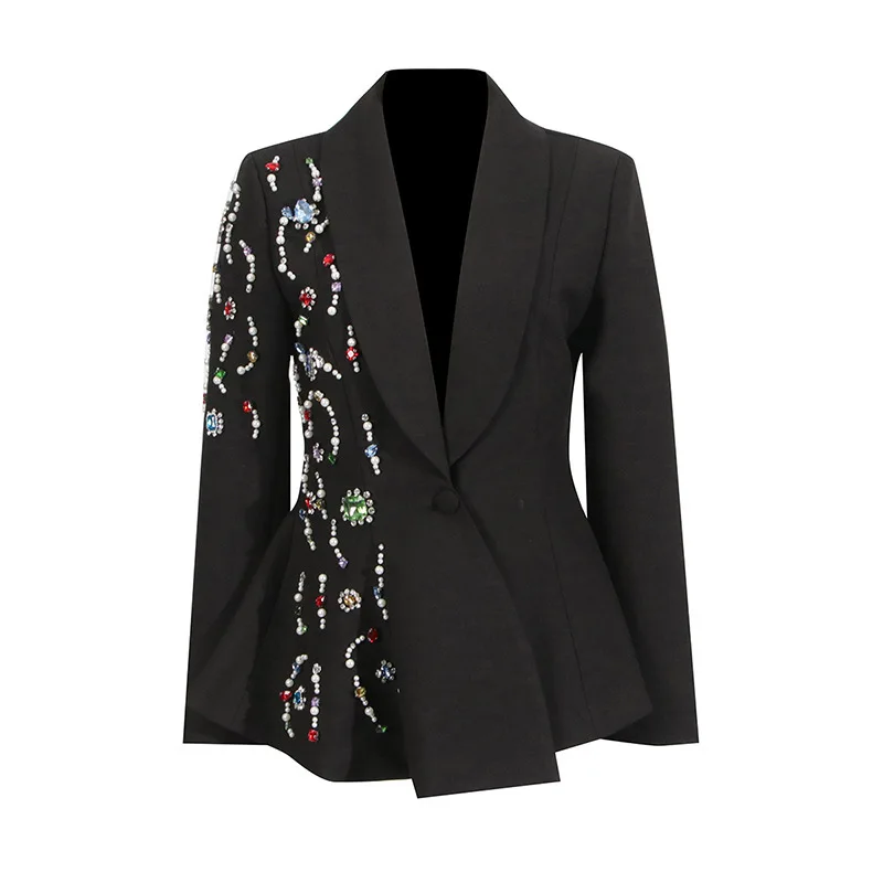 HKSH خريف جديد إمرأة عصري شارع العليا أنيق شيك كم طويل زر واحد سليم صالح رصع الماس الملونة السترة HK8453