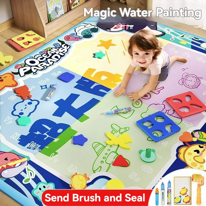 Montessori 100x80CM Magic Water Drawing Mat Coloring Doodle With Reusable Magic Pens Painting Board Educational Toys Boys Girls