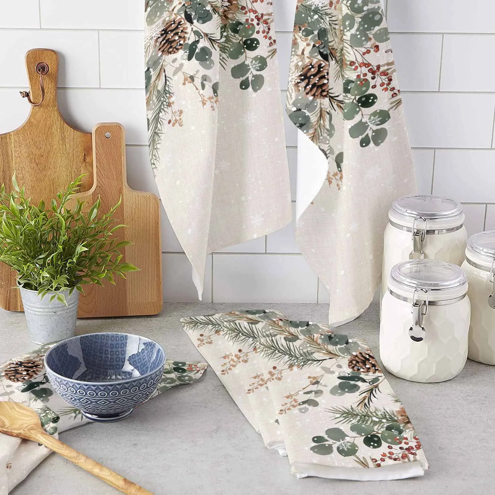 Christmas Plants Pine Leaves Berries Hazelnuts Printed Hand Towel Kitchen Dishcloth Water Absorption Household Cleaning Cloth