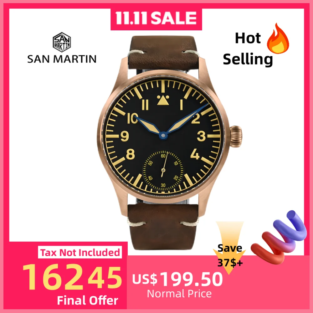 

San Martin 41mm Retro ST3621 Pilot Watch For Men Mechanical Wristwatch 10Bar Military Quality C3 Lumimous SN0117GA/QA