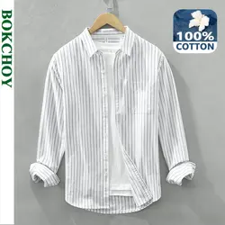 Spring Summer New 100% Cotton Striped Shirt for Men Clothing Slim Casual Streetwear C8858