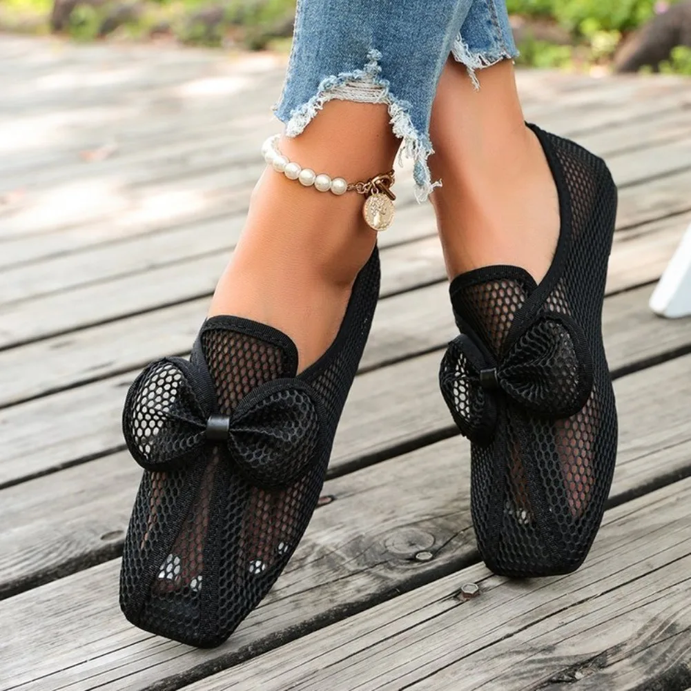 Retro Flache Schuhe Sommer Neu Quadratische Spitze Fischernetz Atmungsaktiv Hohl Ausgefallene Slip-on Baotou Halbpantoffeln Größe 42 – Detail 19