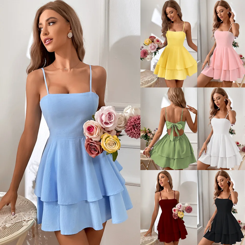 

2025 Spring Summer Hot Selling Women's Backless Dress Bow Tie Strap Short Sexy Camisole Dress