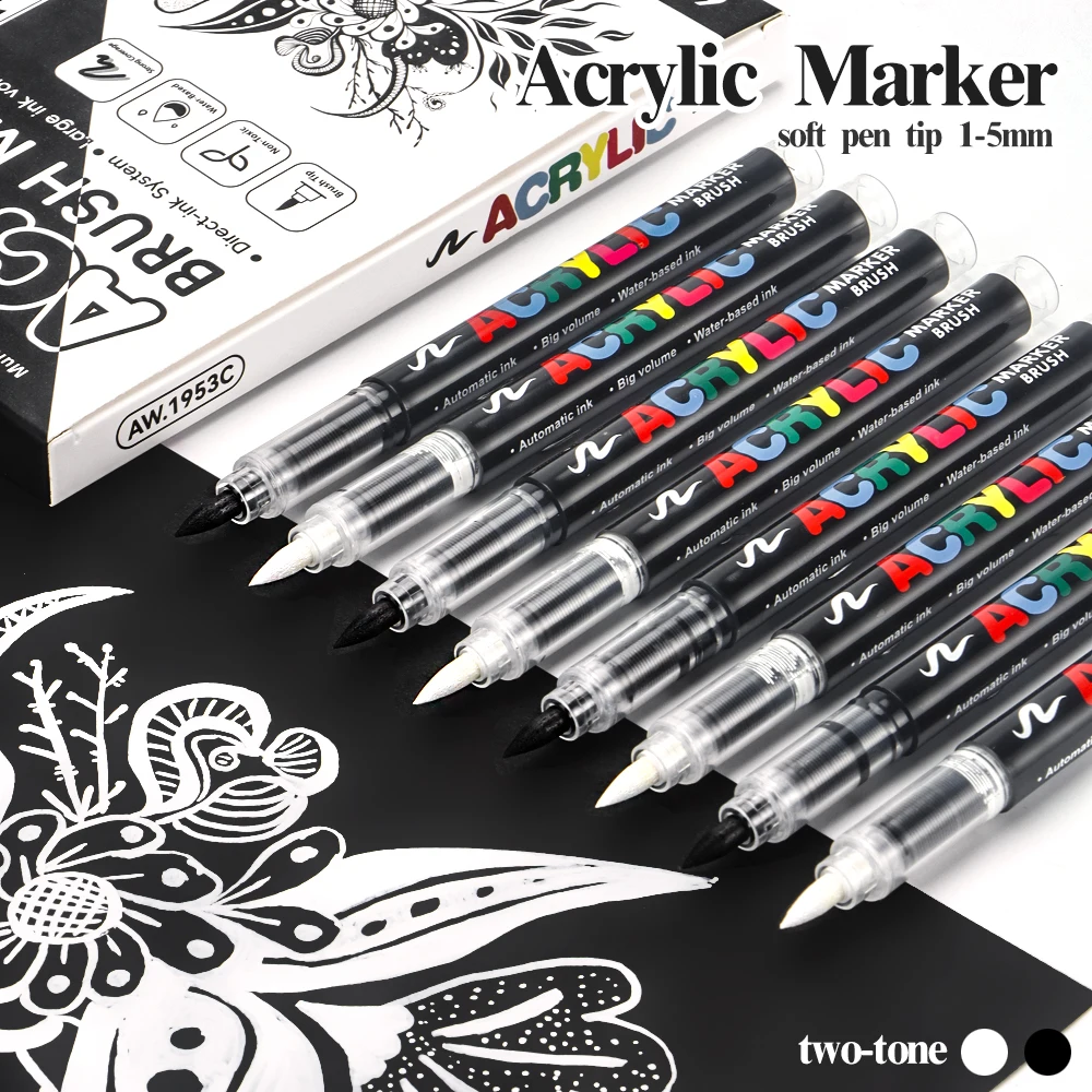 12 قطعة علامات فنية مقاومة للماء أسود/أبيض فرشاة قلم تلميح للرسم DIY بها بنفسك حجر الخشب رسم الإعلان اللوحة اللوازم المدرسية