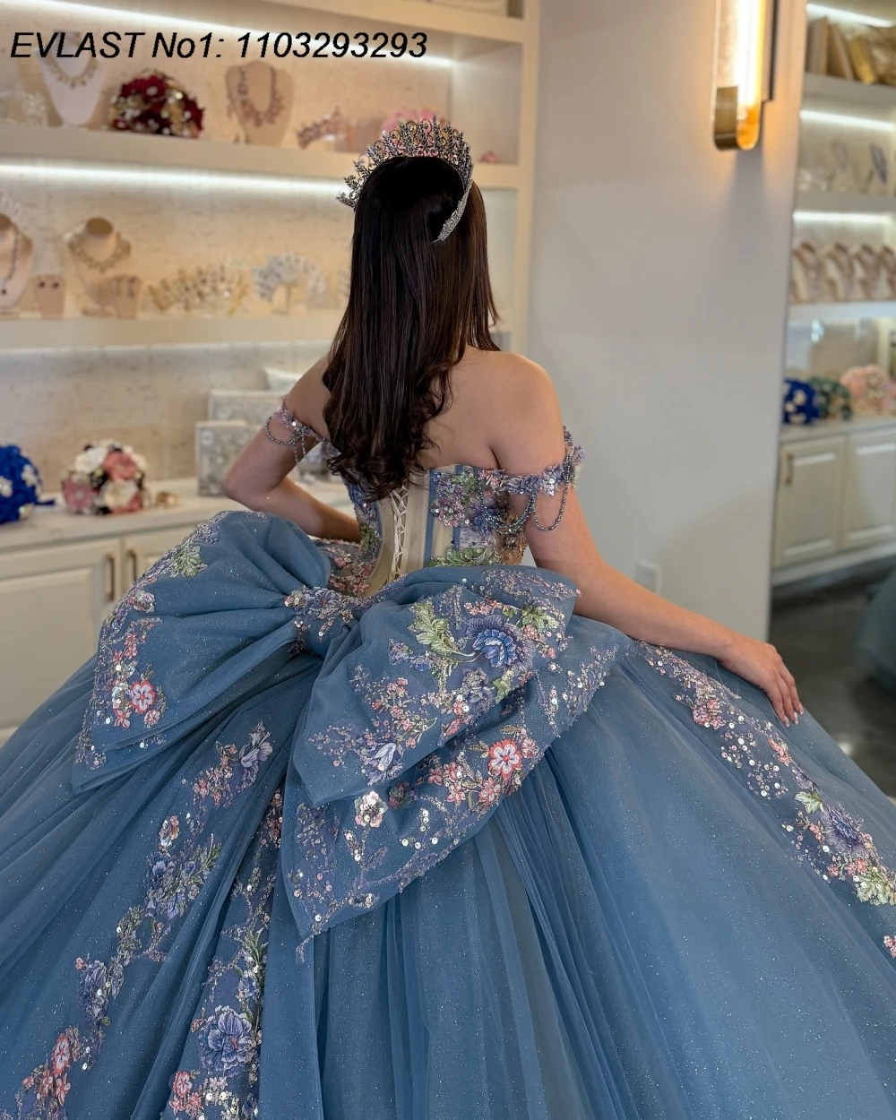 EVLAST Customized Glitter Blue Ball Gown Quinceanera Dress 3D Floral Applique Beading Bow Sweet 16 Vestidos De 15 Anos E1Q830