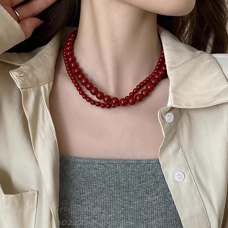 Vintage Red Beaded สร้อยคอผู้หญิงสไตล์จีนสร้อยคอลูกปัดแก้วประณีต Elegant Choker ความงามเครื่องประดับอุปกรณ์เสริม