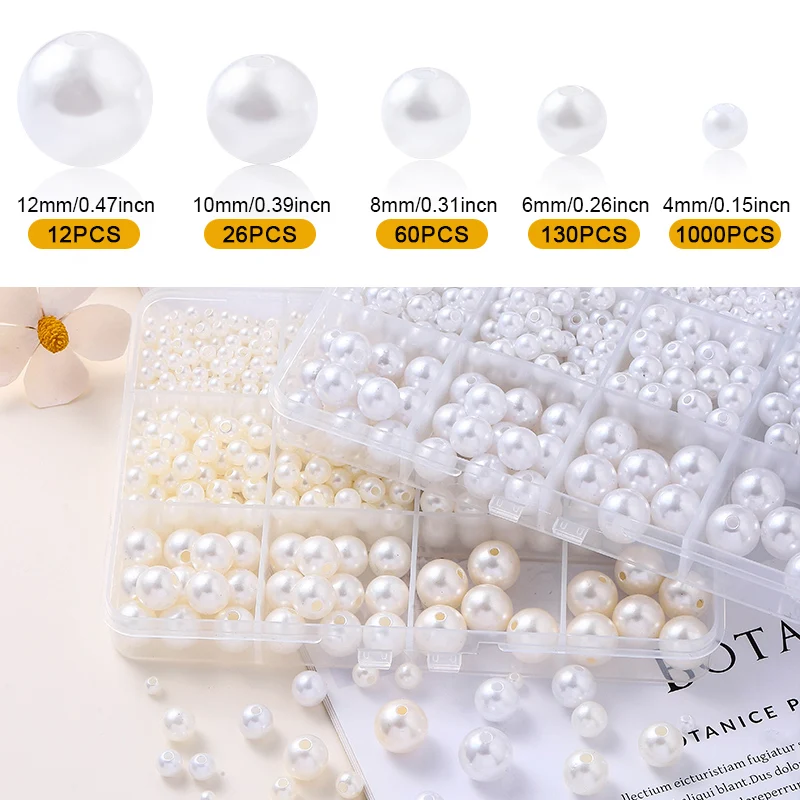 1200Pcs Resin Pearl Beads Kit 5 Sizes Round Small Pearl Filler Beads with Hole for DIY Craft Necklaces Earrings Bracelets Making