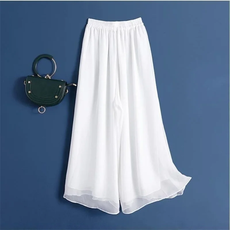 

2023 New Summer White Drape Chiffon Wide-Leg Pants Casual Chiffon Trousers Pants Women Clothing Loose High Waist Slim Skirt bd67