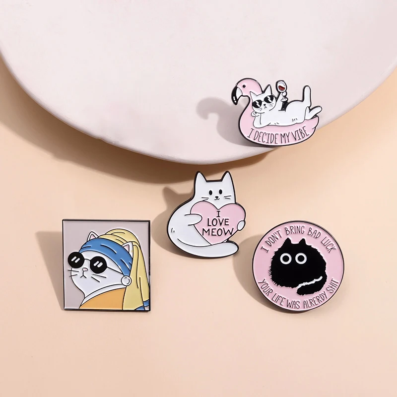 I Decide My Vibe Enamel Pin Custom Fun Oil Painting Cat Bring Bad Luck Meowie Brooches Lapel Badges Art Works Jewelry Gift