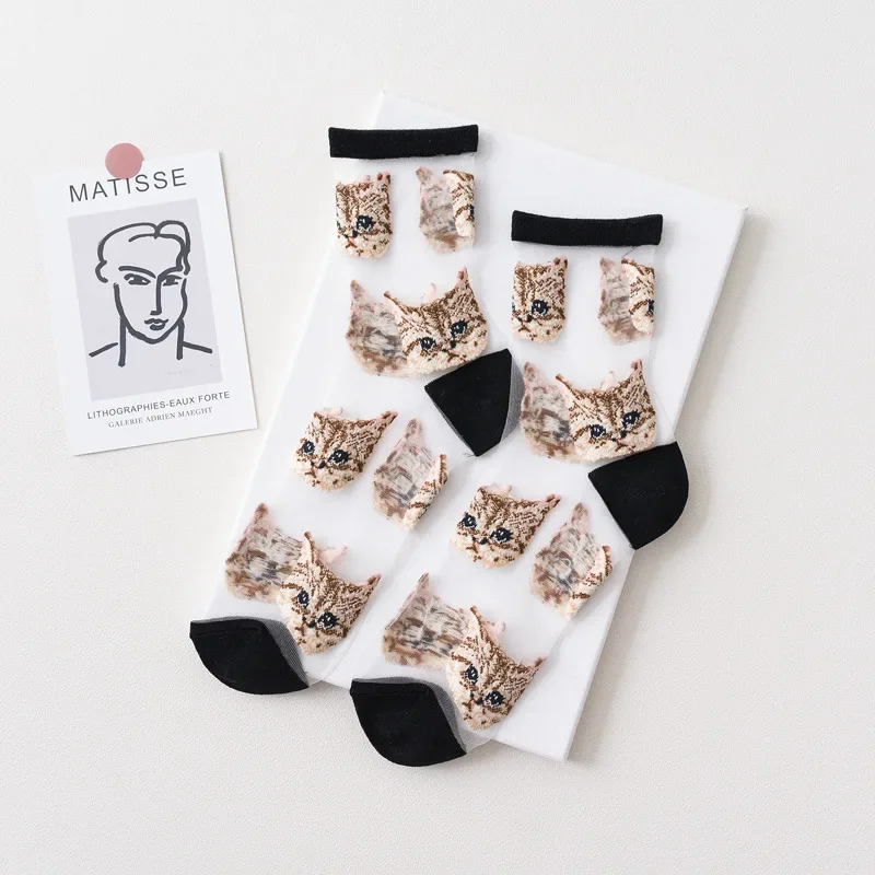 Women Transparent Cute Cat Socks Korean Fashion Ladies Summer Thin Crystal Silk Socks JapaneseTrendy Kawaii Glass Fiber Socks