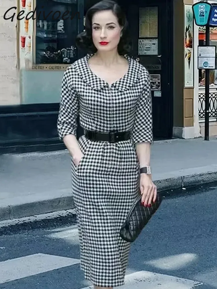 

Gedivoen Autumn Fashion Designer Vintage Plaid Dress Women Big O Neck Three Quarter Sleeve Sashes Gathered Waist Slim Long Dress