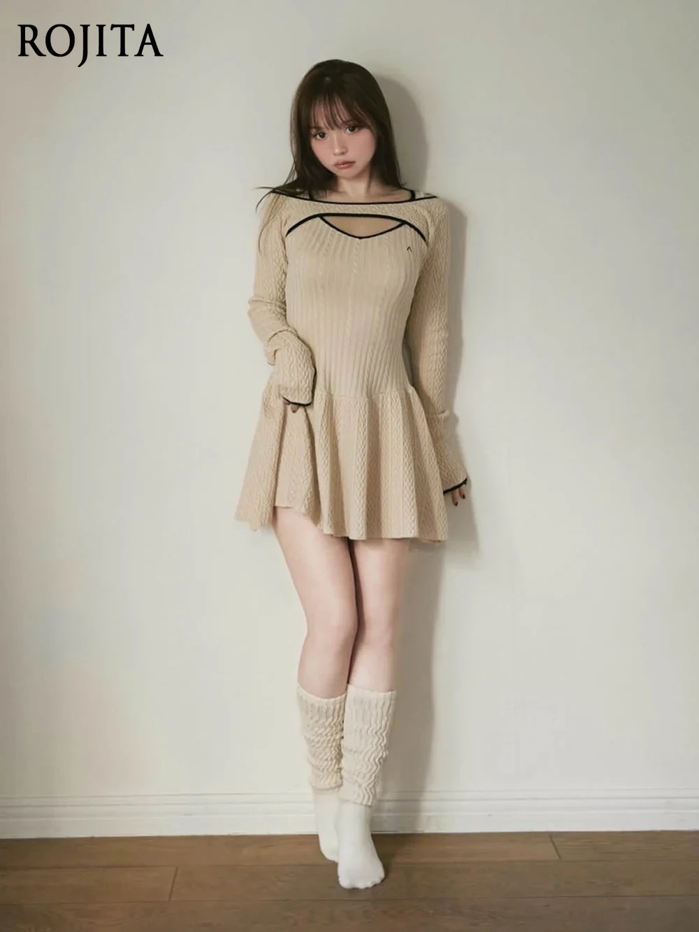 

Japanese Coffee Dress Sets Women 2025 Autumn New Twisted Flower Horn Mini Suspender Dress and Long-sleeved Blouse Top