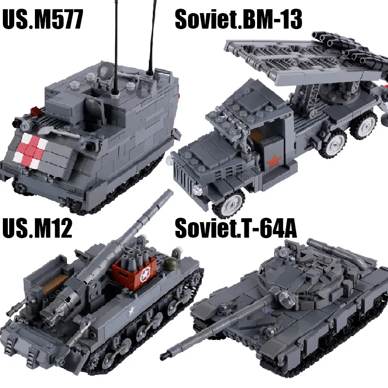 

WW2 US Main Battle M577 Tank Building Blocks Soviet Katyusha BM-13 Armored Vehicle Military Car War Scene Bricks Toys Boys Gift