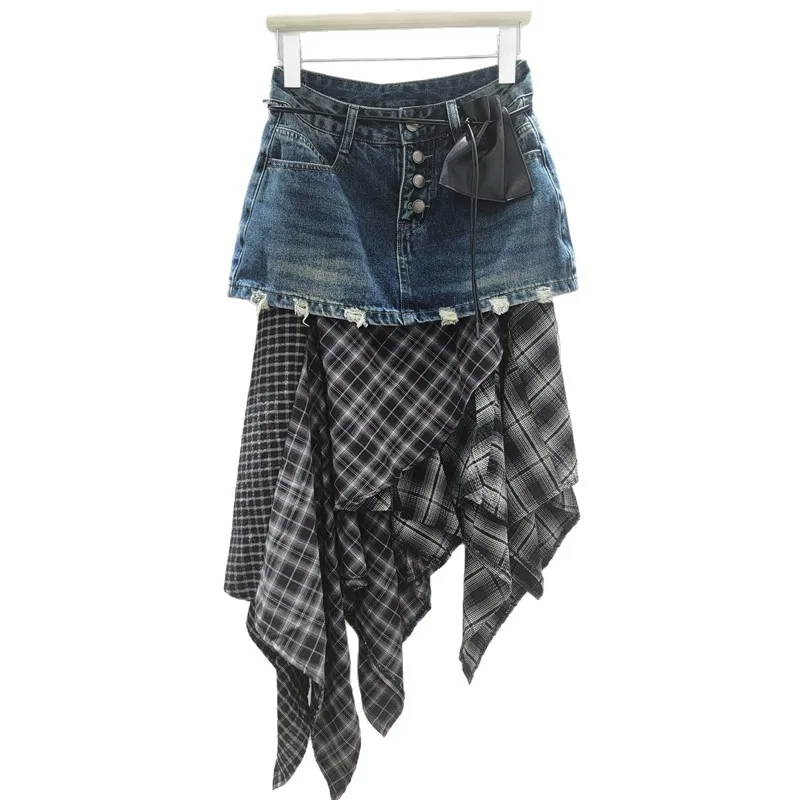 

Design Sense Niche Splicing Plaid Skirt Women's New Autumn Thin Irregular Medium and Long Skirt Personality Trend Street Style