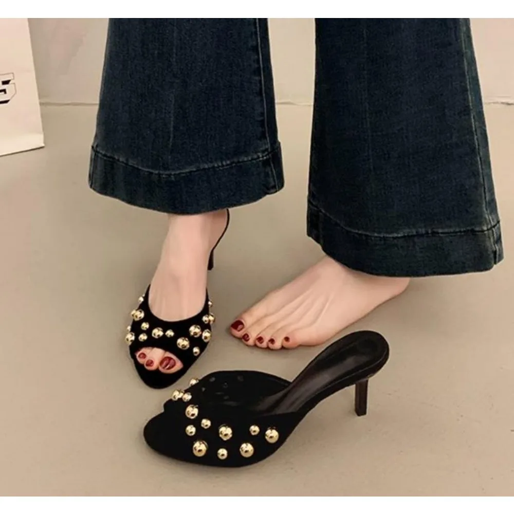 

Novelty Thin Heels Peep Toes Sandalias De Mujer Crystal Square Toes Slip On Woman Slippers Solid Patent Leather Zapatos Mujer