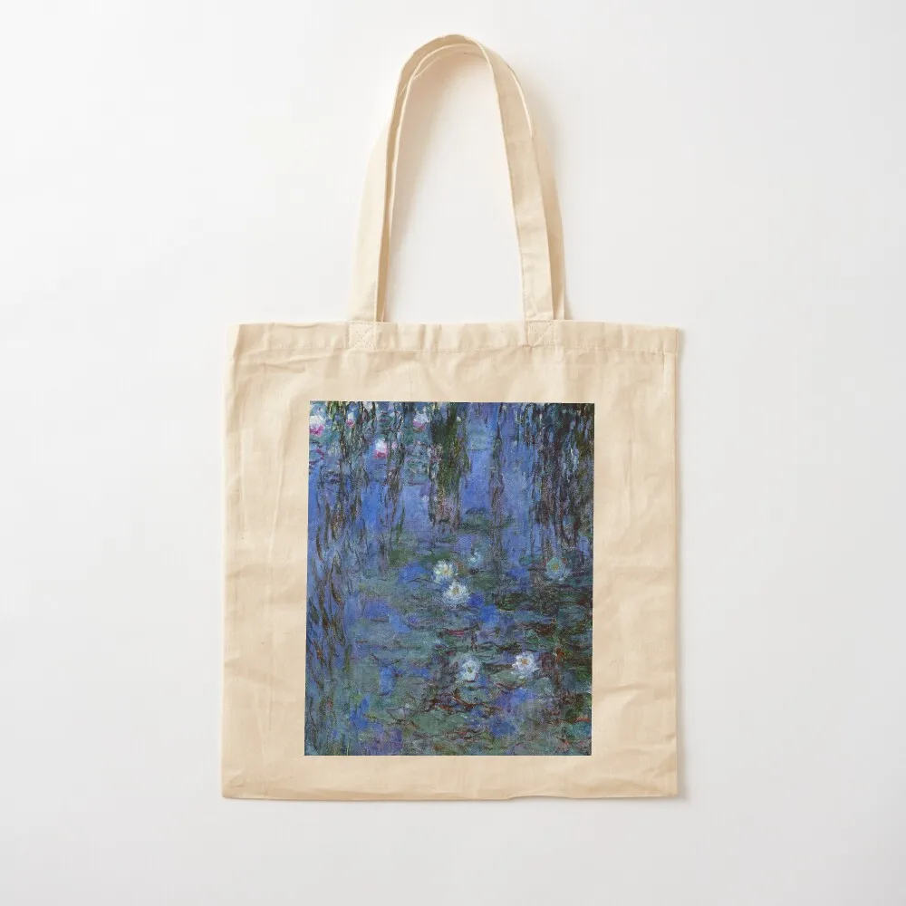 زنابق الماء مونيه نابضة بالحياة الأزرق حمل حقيبة أكياس البيئية سوبر ماركت حقيبة قابلة للطي أكياس عربة التسوق أكياس مخصصة