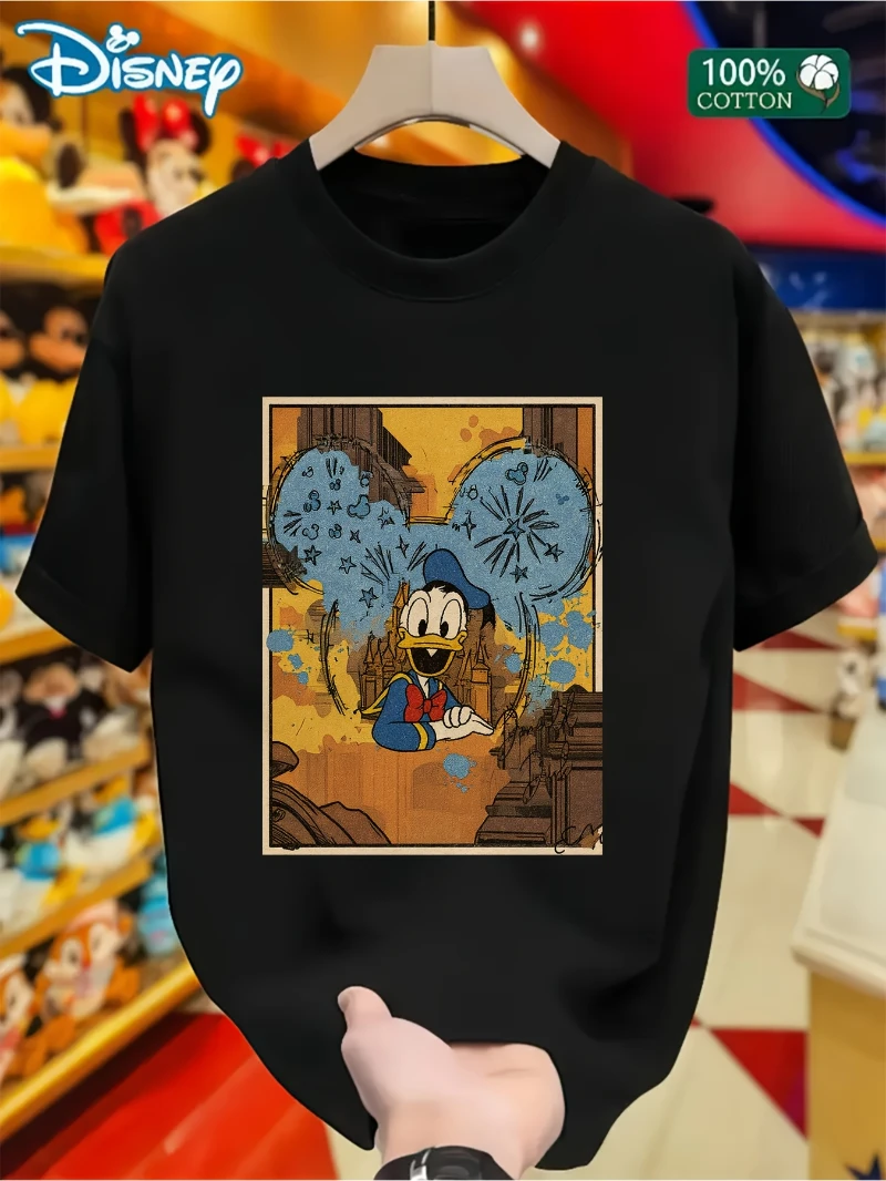 

Официальная мужская футболка в стиле ретро с Микки Маусом и фейерверком — черный классический дизайн с Микки, удобный повседневный топ из чистого хлопка