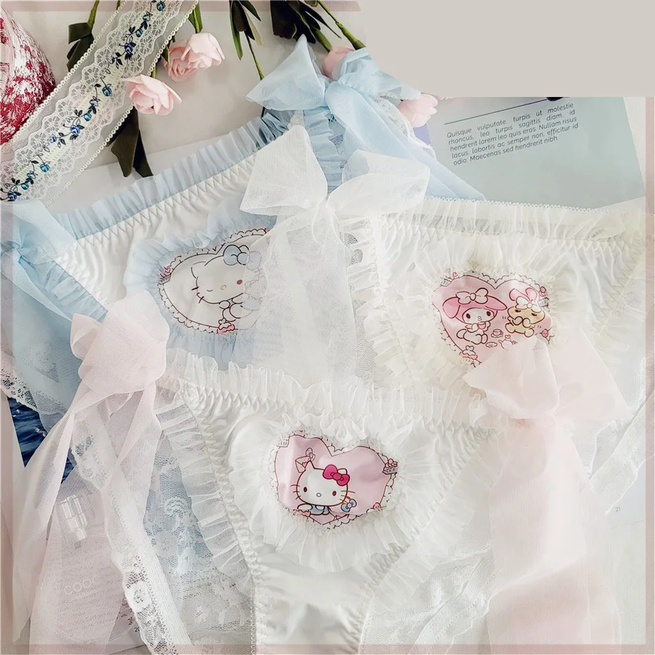 1pcs  for Hello Kitty  Underpant  Cute Women Briefs Kawaii Sexy Lace Panties Cartoon Transparent Low-waist Comforts Female