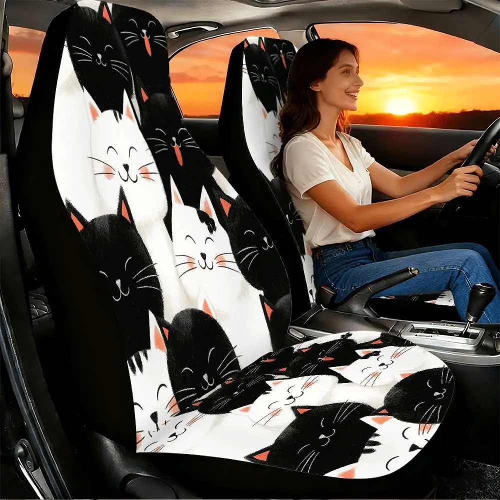 2pcs Adorable Black And White Cats Car Seat Covers Suitable For Front Seats, High Back Design, Material, Suitable For Cars, SUVs