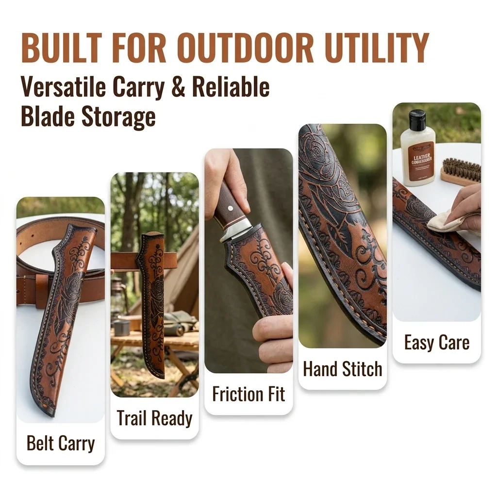 300mm Outdoor Straight Knife Cover Blade Protector Full-Grain Cowhide Fixed Blade Knife Sheath Vintage Embossed Leather Scabbard