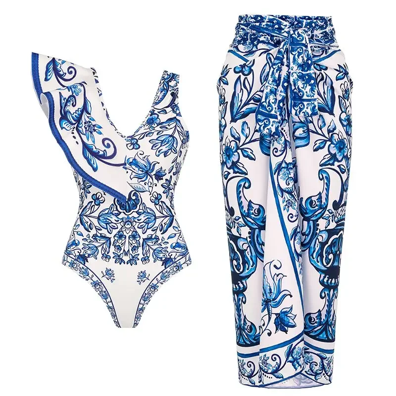 Ruffle V Neck Blue and White Porcelain Majolica Pattern Print One Piece Swimsuit and Skirt or Sarong