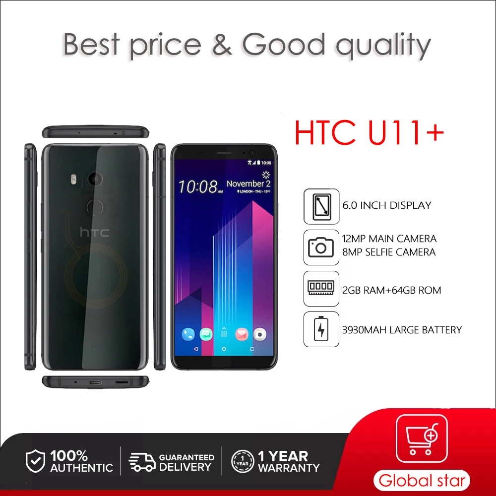 

HTC U11+ Refurbished Original Unlocked HTC Ocean Note 6.0 inches cellphone Octa-core 12MP Camera free shipping