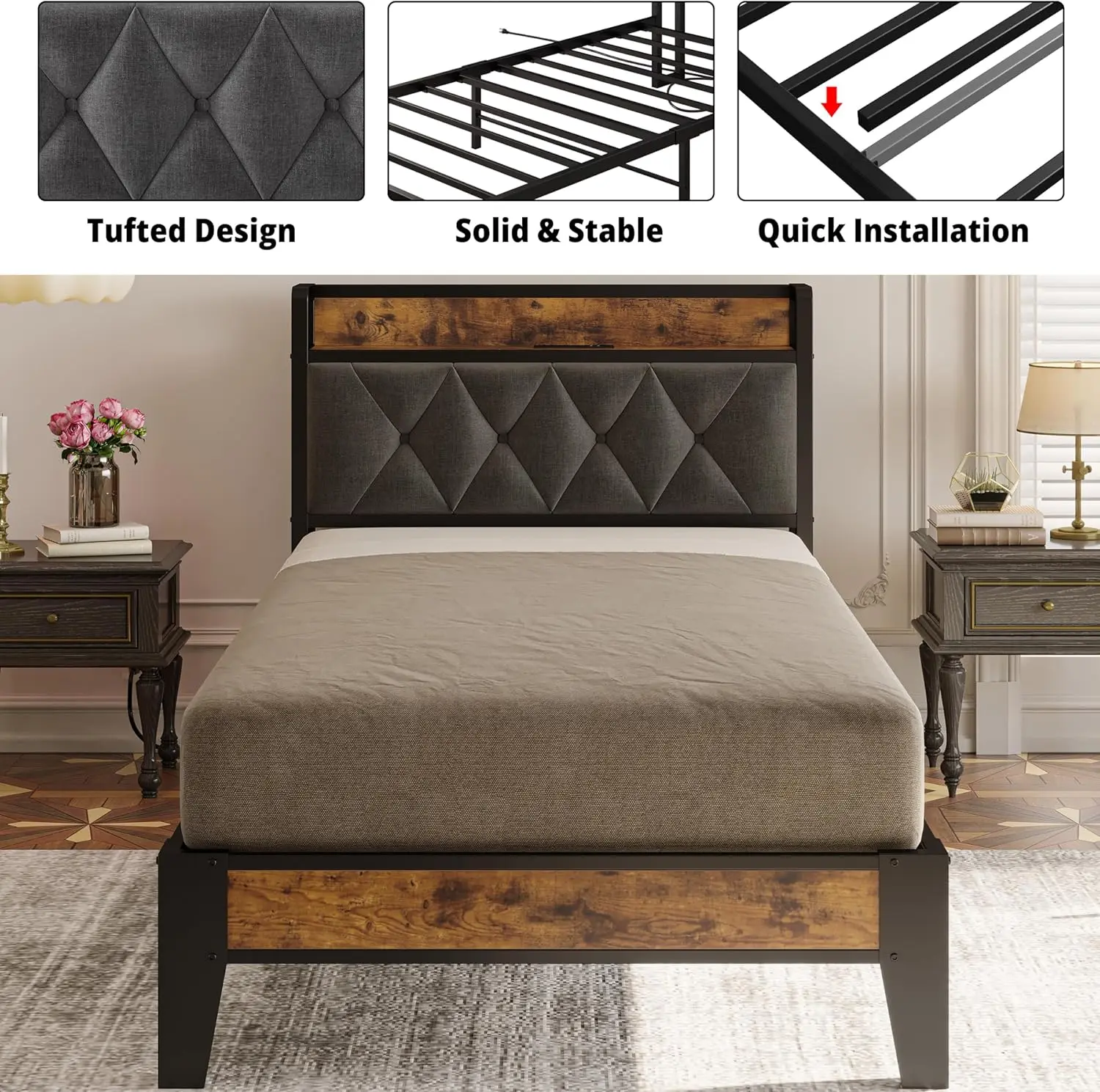 Double bed frame, storage headboard with socket, easy to install, sturdy and stable, noise free, no need for spring box