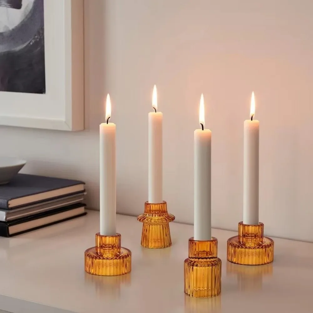 3PCS/set Creative Glass Candlestick Double Head Colorful Candle Holder Dining Table Tealight Valentine's Day