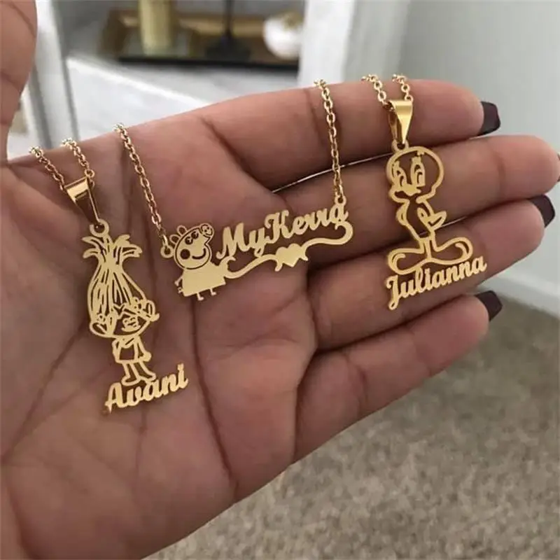 Customized Name Necklaces Personalized Jewelry Stainless Steel Nameplate Kids Pendant Cartoon Character Necklace Birthday Gifts