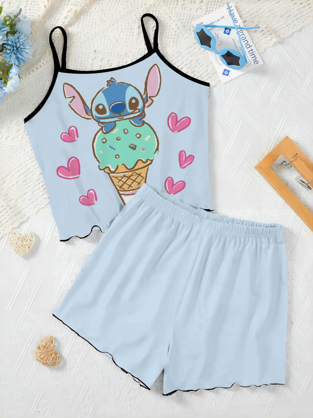 Women's Suit Home Dress T-shirt Lettuce Trim Disney Top Stitch Short Sets Pajama Skirt Pieces Elegant 2-piece Disney Slip Dress